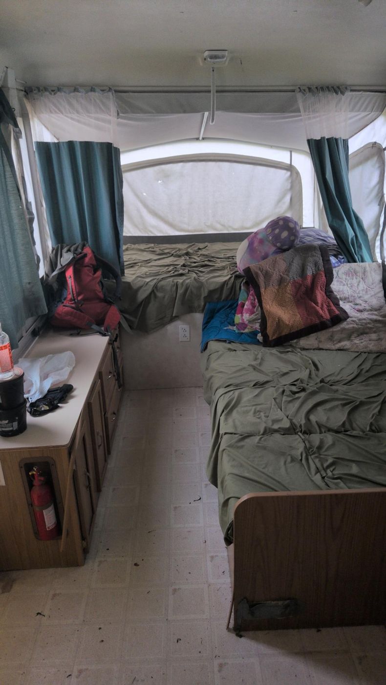 cozy pop up camper interior at Bartertowne, Canaan New Hampshire