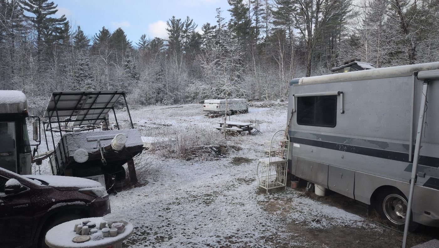 first snow dusting the camp and rv at Bartertowne, Canaan New Hampshire