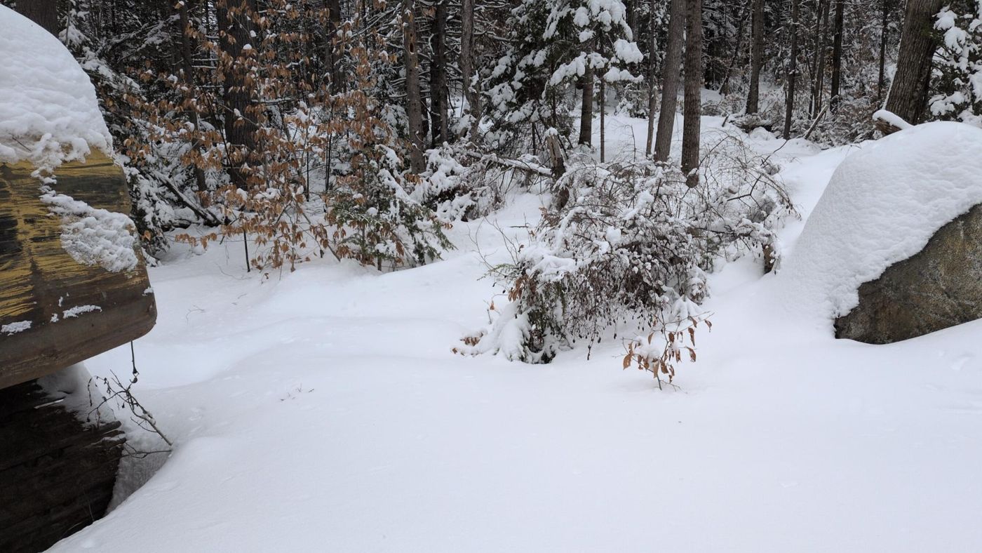 snow and boulders at the rocky overlook at Bartertowne, Canaan New Hampshire