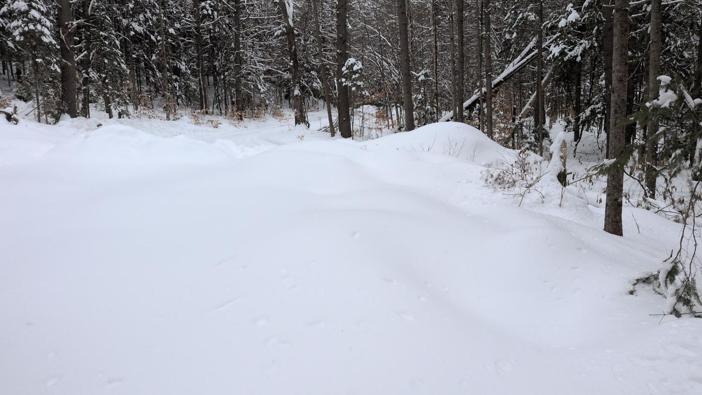 snowy camp road with parked vehicles at Bartertowne, Canaan New Hampshire