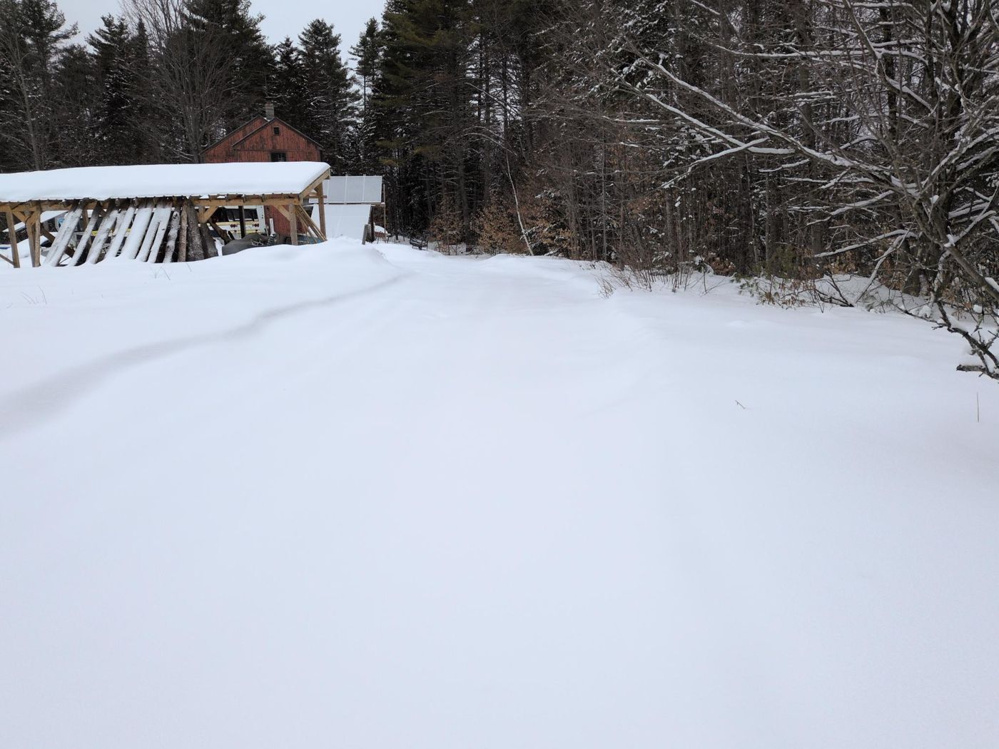 snowy trail beside the camp cabin at Bartertowne, Canaan New Hampshire